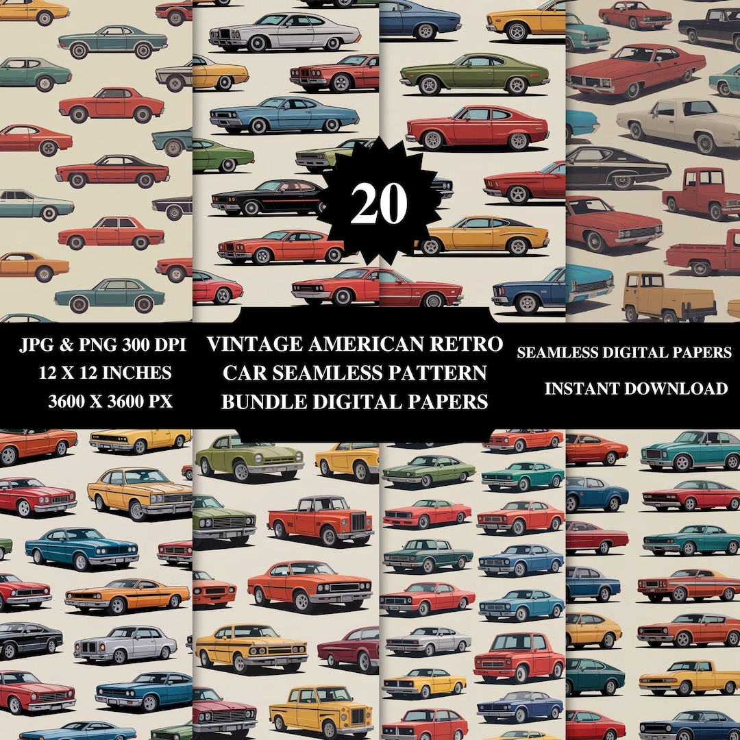 Model Car Patterns Retro American Car Pattern, Vintage Muscle Car Seamless Design (digital ...