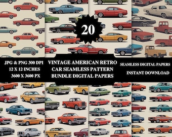 Retro American Car Pattern, Vintage Muscle Car Seamless Design (Digital Download)