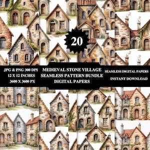 May include: A digital paper bundle featuring watercolor illustrations of medieval stone village houses. The houses have stone walls, red tile roofs, and various architectural details. The image includes the text "20" and "Medieval Stone Village Seamless Pattern Bundle".