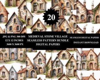 Medieval Stone Village Seamless Pattern | Old European Town Houses | Vintage Watercolor City Illustration | Digital Download