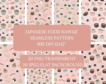 Kawaii Japanese Food Seamless Pattern | Sushi, Boba, Onigiri (PNG & JPEG)