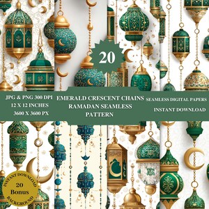 Può includere: Pacchetto di carta digitale con disegni di lanterne del Ramadan in verde smeraldo e oro. L'immagine include 20 carte digitali senza cuciture, ciascuna di 30.48 x 30.48 cm, con una risoluzione di 3600 x 3600 pixel. Il testo recita "Emerald Crescent Chains Ramadan Seamless Pattern".