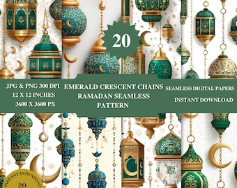 Emerald Crescent Chains Ramadan Seamless Pattern Transparent| Gold Islamic Lantern Repeat + 20 Bonus Backgrounds