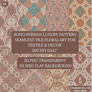 May include: A collection of seamless Boho Persian luxury patterns in various designs and colors, including teal, orange, and cream. The image includes text that reads "BOHO PERSIAN LUXURY PATTERN SEAMLESS TILE FLORAL ART FOR TEXTILE & DECOR 300 DPI 12x12".