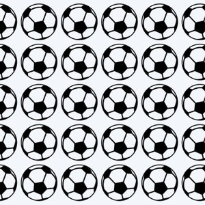 May include: A grid of black and white soccer balls with one red soccer ball in the bottom right corner.