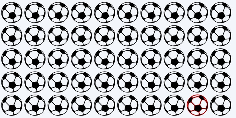 May include: A grid of black and white soccer balls with one red soccer ball in the bottom right corner.
