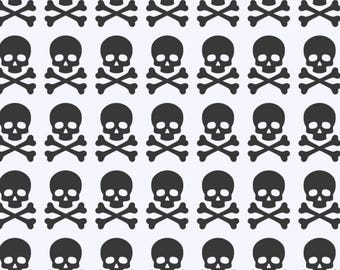 May include: A repeating pattern of dark gray skulls and crossbones arranged in a grid on a light gray background. Each skull features hollow eye sockets and a nasal cavity, positioned directly above two crossed bones in a uniform, symmetrical layout.