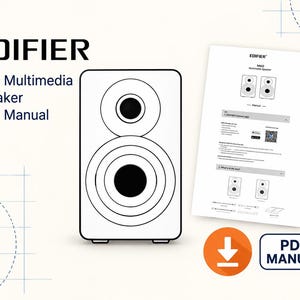 May include: A white Edifier M60 multimedia speaker with a black circular driver and tweeter. Next to it is a user manual document featuring diagrams of the speaker, a QR code, and text. An orange download icon and a PDF manual button are visible.