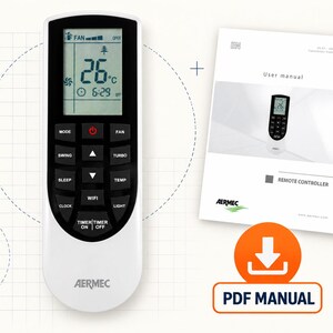 Può includere: Un telecomando Aermec bianco con pannello display nero e pulsanti neri etichettati con funzioni tra cui Mode, Swing, Turbo, Sleep, Temp, Wifi, Clock, Light e Timer. Accanto c'è un manuale utente con il testo PDF MANUAL.