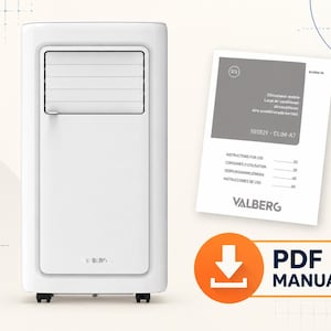 Op de afbeelding: Een witte verrijdbare Valberg-airconditioner met een rechthoekige behuizing, horizontale ventilatieroosters en kleine zwarte wieltjes aan de onderkant. Daarnaast ligt een witte handleiding met de tekst Valberg en een PDF-downloadpictogram.