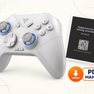 May include: A white Flydigi Dune Fox gaming controller with two analog sticks, a directional pad, and four action buttons labeled A, B, X, and Y. Next to it is a black user manual with a QR code and the text Flydigi Dune Fox Gaming Controller.