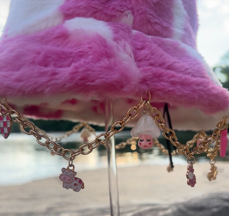 Strawberry Milk Furry Fuzzy Pink Cow Bucket Hat Adorned With Chains and ...