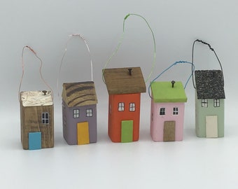 Tiny little wood houses, gift packages tie on, wood ornaments