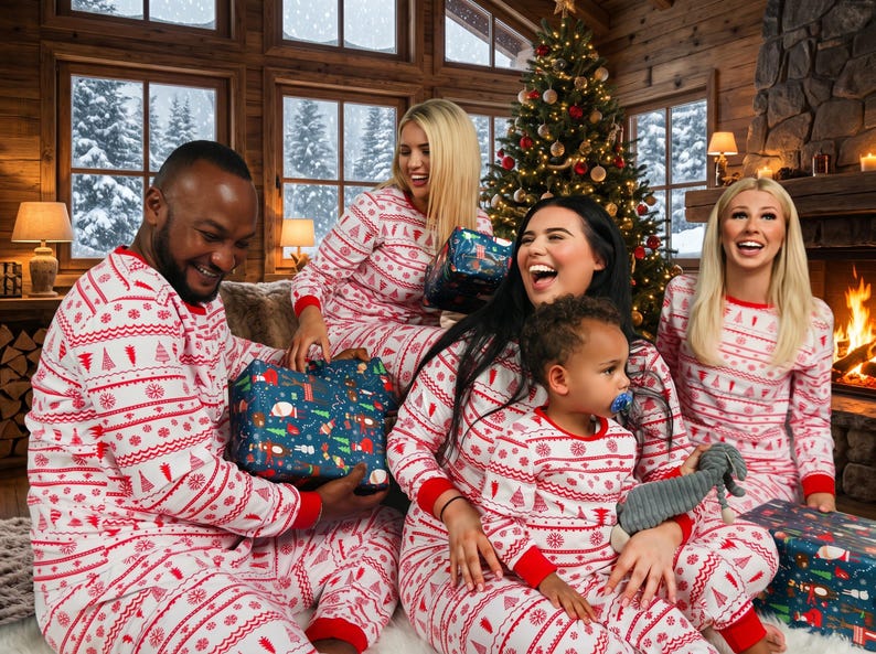 Family celebrating Christmas around the fireplace and exchanging gifts