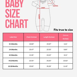 May include: A baby size chart for Christmas pajamas featuring a line drawing of a one-piece garment with labeled chest, length, and sleeve measurements. A table lists sizes from 0-3 months to 12-18 months with dimensions in inches.