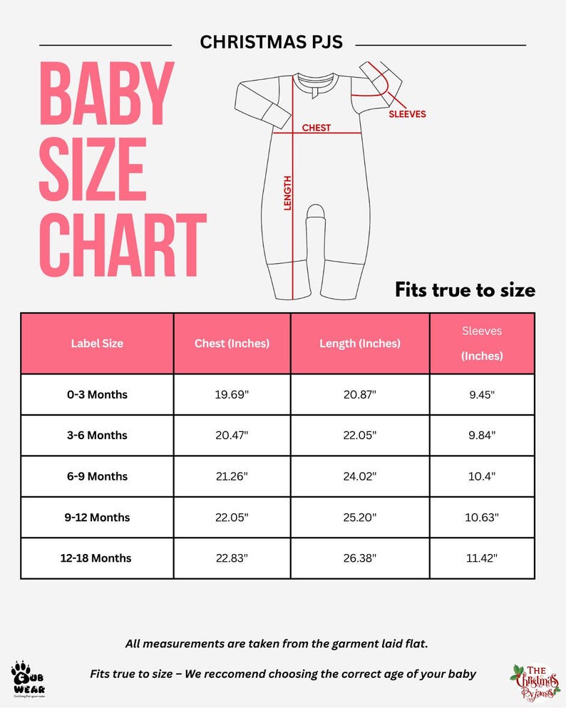 May include: A baby size chart for Christmas pajamas featuring a line drawing of a one-piece garment with labeled chest, length, and sleeve measurements. A table lists sizes from 0-3 months to 12-18 months with dimensions in inches.