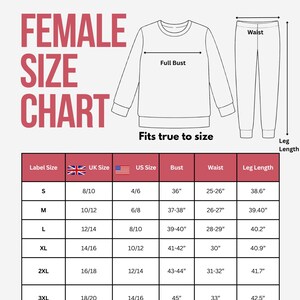 May include: A Christmas PJs female size chart featuring a line drawing of a long-sleeve top and trousers. The chart includes columns for label size, UK size, US size, bust, waist, and leg length in inches, with measurements ranging from S to 3XL.