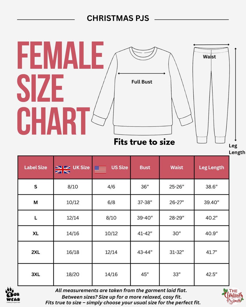 May include: A Christmas PJs female size chart featuring a line drawing of a long-sleeve top and trousers. The chart includes columns for label size, UK size, US size, bust, waist, and leg length in inches, with measurements ranging from S to 3XL.
