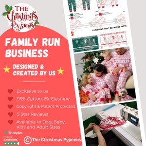 May include: Matching family pajamas featuring a white and red Christmas-themed pattern with trees and text. The set includes long-sleeved tops and pants with red ribbed cuffs. A small dog wears a matching outfit, and a sewing machine is shown in use.