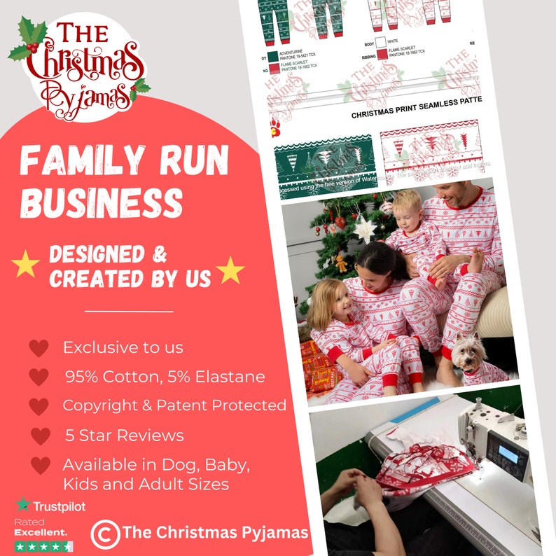 May include: Matching family pajamas featuring a white and red Christmas-themed pattern with trees and text. The set includes long-sleeved tops and pants with red ribbed cuffs. A small dog wears a matching outfit, and a sewing machine is shown in use.