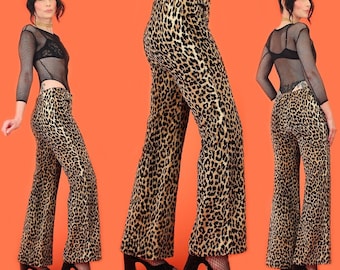ViNtAgE 70's Fuzzy Leopard Punk Glam Flares by Charm of Hollywood // 1970's Hip Huggers Bell Bottoms Low Rise Bell Bottom Raver Pants 26