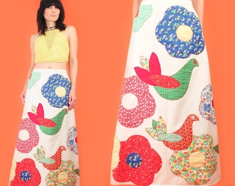 Vintage 1960's Maxi Skirt // Flower Power + Birds Calico Applique Patchwork // Floral HiPPiE Folk Art 60's 1970's