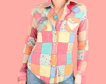 1970s Magical Madras Rainbow Top Starry Celestial Airbrushed by Hellhound Vintage Patchwork DEADSTOCK  Cotton Shirt Hippie 70's Small S