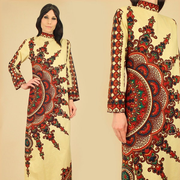 ViNtAgE 60's 70's Psychadelic MANDALA DASHIKI Ornate Cotton Maxi Dress // Ethnic Hippie Gypsy Festival // Small/Medium S/M