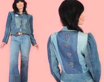 ViNtAgE 60's Peace & Love Denim Jacket // Cropped Recycled Denim Jean Jacket // Peplum Waist Puff Sleeves HiPPiE