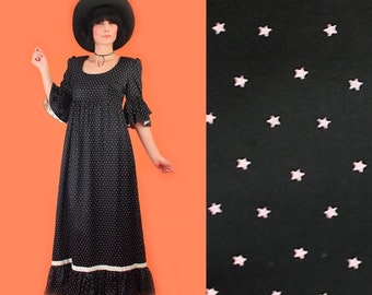 Vintage 60's Magical Stars Print Babydoll Black Maxi Dress // Tiered Trumpet Sleeves // Goth sz/M