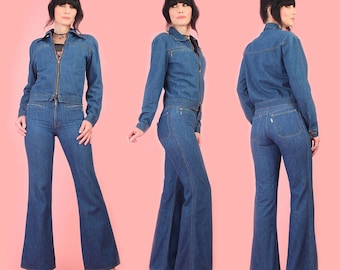 ViNtAgE 70's LEVI'S Fresh Produce Denim Jacket Bell + Bottom Jeans Set // Indigo Denim Bell Bottoms // Hippie Big Bells Denim 25
