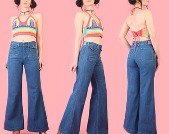 Rare Vintage 70's Faded Glory Bell Bottom Jeans RAINBOW Stitching Bell Bottoms Denim Flares Hippie 26 27