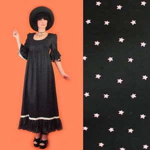 Vintage 60's Magical Stars Print Babydoll Black Maxi Dress // Tiered Trumpet Sleeves // Goth sz/M image 1