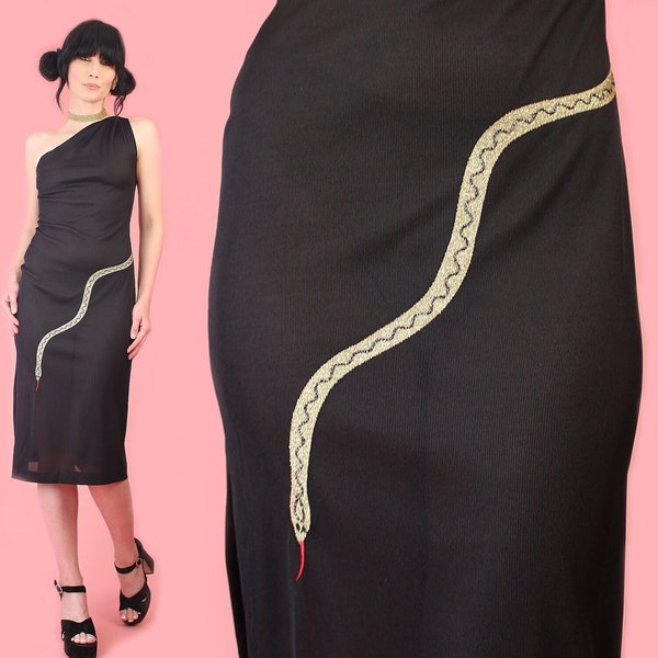 ViNtAgE 70's Disco Dress Climax by David Howard Gold Snake Detail // Little Black Dress Slinky Cold Shoulder Semi-Sheer Party Evening