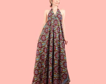 Handmade Indian Cotton Halter Dress // Hand Block Print ViNtAgE 60s Tapestry // Floral Flower Power // BoHo HiPPiE // Indigo Blue S M
