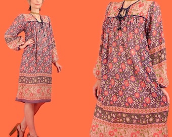 ViNtAgE 70s Indian Cotton Dress // Made in India // Gauze Gauzy Cotton // BoHo HiPPiE Medium Large M L