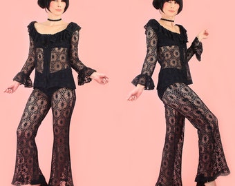 Vintage 60's Black 2 Piece Lace Set // Sheer Lace Bell Bottoms // Babydoll Trumpet Sleeve Tops// MoD HiPPiE Sz. S/M