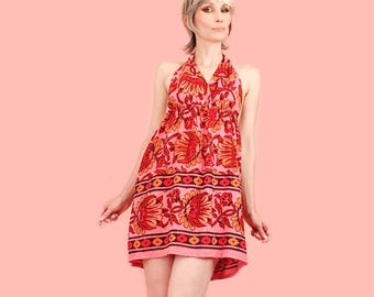 Deadstock Indian Cotton Tunic Ultra Mini Dress ViNtAgE 60s 70s // Babydoll Bohemian Summer // Made in India Hippie BoHo Floral Flower Power