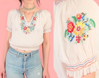 ViNtAgE 20s 40s Hungarian Hand EMBROIDERED Blouse // Artisan Made Floral Sheer Cotton Top // PENNY Lane // Hippie Boho XS