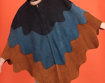 ViNtAgE 1970’s Suede Cape // Blue Suede Ocean Waves // Mod Patchwork Leather Free Size fits s m l xl