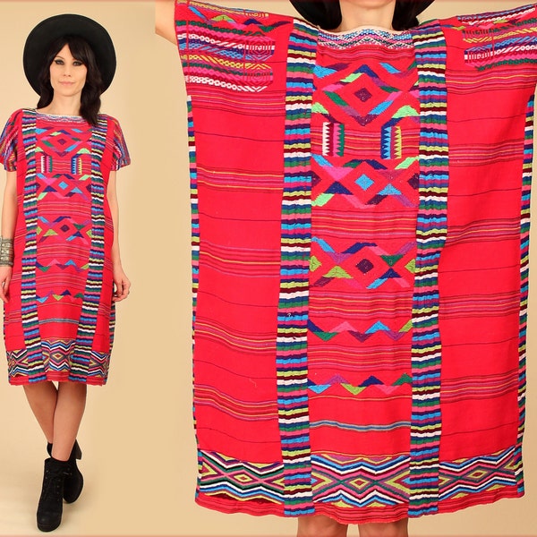 ViNtAgE 60's 70's Huipil Mexican HandWoven Caftan Rainbow Cotton Tribal HiPPiE Dress free size