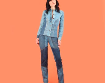 Vintage 70's Patchwork Denim Suit by French Dressing // Shirt + Jeans // Bell Bottoms Patched Denim Hippie Jeans 26