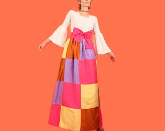 ViNtAgE 60s Dorothy McNab Silk Maxi Skirt // Stunning Color Block 1960s Montego Bay Designer Label Wrap Skirt Pink Bow