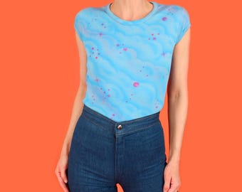 Dreamy Clouds and Stars Airbrushed Vintage 70's French Cut T Shirt PoP ArT Handmade Art 1970s  Top Tee T-shirt Made in LA