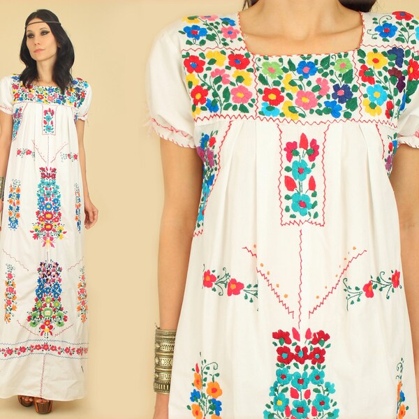 ViNtAgE 60's 70s Floral Oaxacan Mexican Embroidered White Maxi Dress Cotton Handmade Artisan 70's Hippie BoHo Wedding S/M