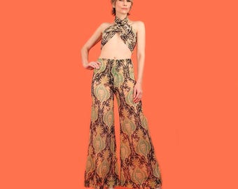 ViNtAgE Thea Porter London Silk Palazzo Pants 1960s - Early 70s Designer London Boutique // Bohemian Hippie Chic Sheer Chiffon Bell Bottom