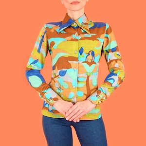 Vintage 70&#39;s Woodland Fantasy Hearts & Birds Signed Print Top// Trippy Allover Print  // Mod Hippie S M Small Medium