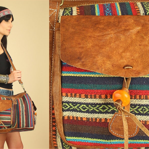 Tribal WEEKENDER Woven Cotton LEATHER Striped Festival Duffel Bag Tote HiPPiE BoHo Travel