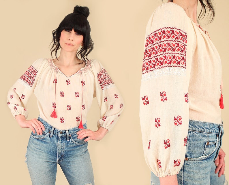 ViNtAgE Romanian Blouse Sheer Gauze Cotton Artisan Made Hand EMBROIDERED Gauzy Tunic Top Shirt SM