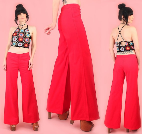 Vintage 60's Hip Huggers Bell Bottoms // 70's Red Bell Bottom Brushed  Cotton Pants Jeans // Wide Leg Elephant Bells Flares Sz. 29 